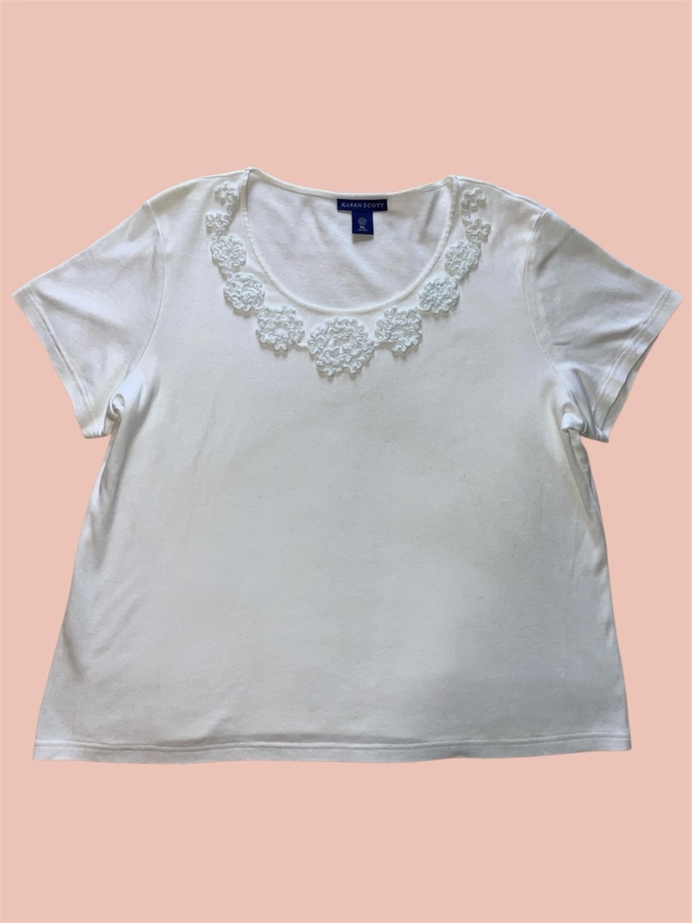 Karen Scott White Embroidered Floral Trim Short Sleeve Top